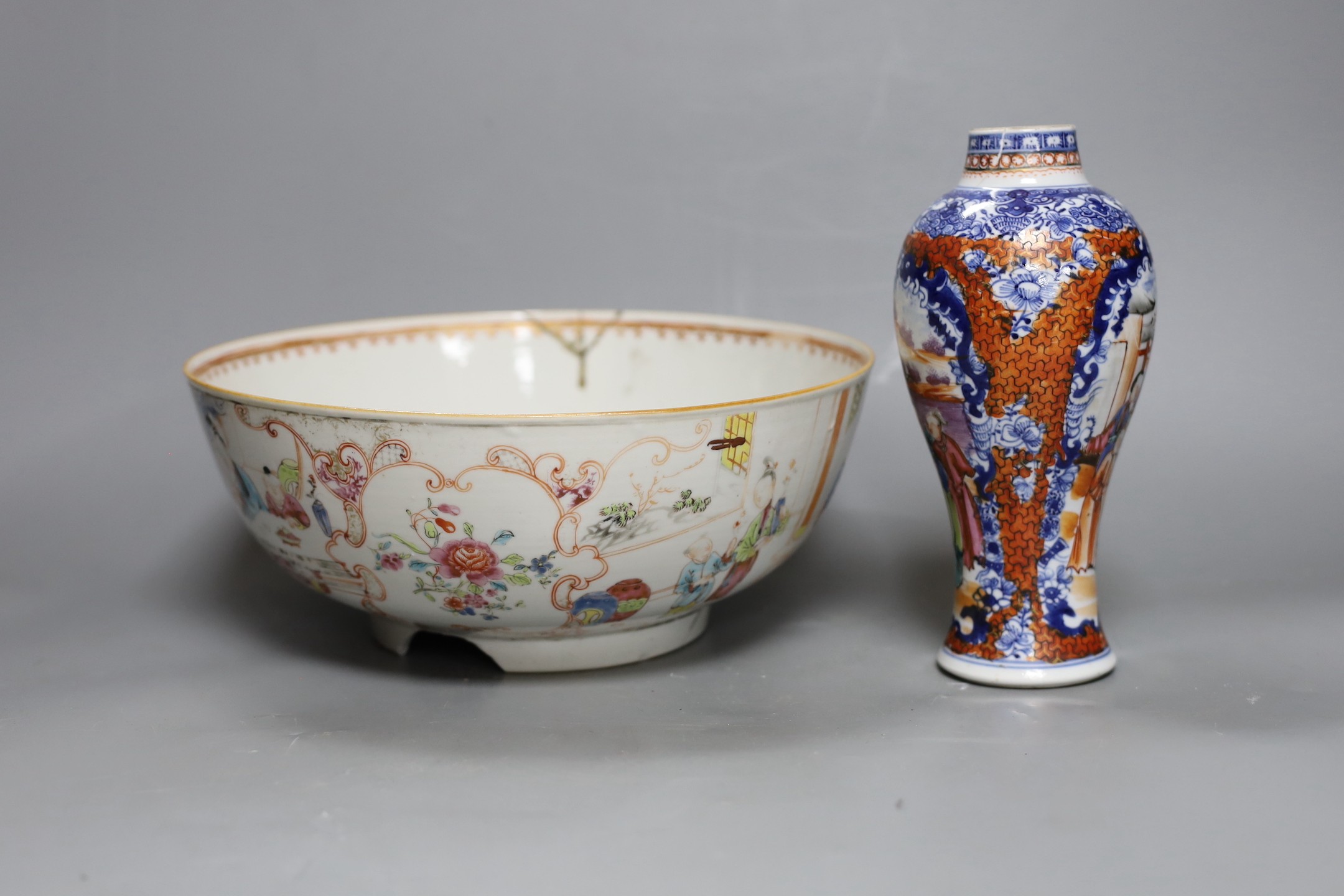 An 18th century Chinese export famille rose bowl and a similar mandarin pattern vase, bowl 26cm diameter